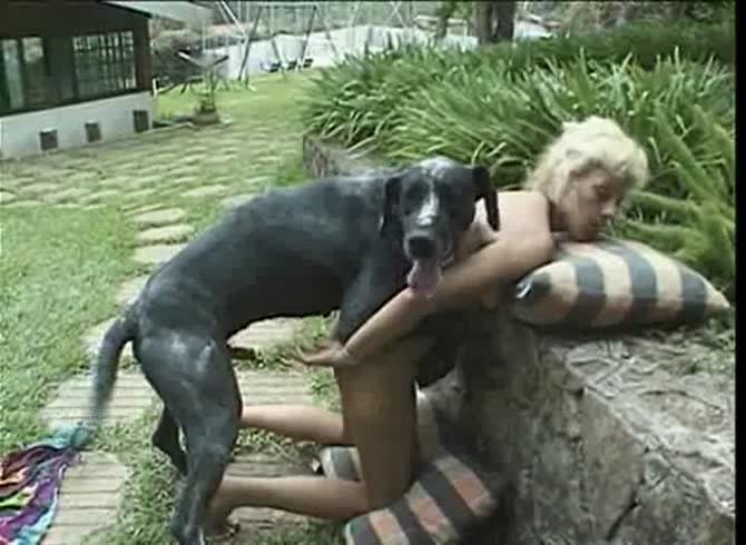 Video :Animal threesome sex outdoors with blonde girl and man